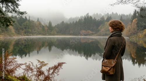 Woman contemplating misty autumn lake and forest scenery