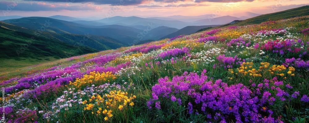 Naklejka premium Blooming flowers in meadow across glowing vibrant paradise concept. Vibrant wildflower meadow with stunning colors at sunset.