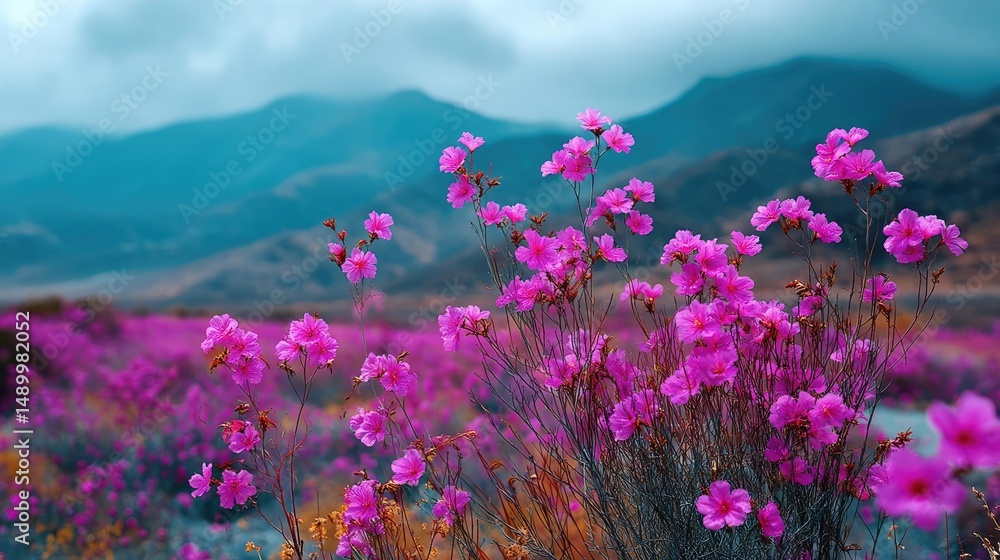 Obraz premium Blooming flowers in meadow across glowing vibrant paradise concept. Vibrant pink flowers bloom in a scenic mountain landscape.