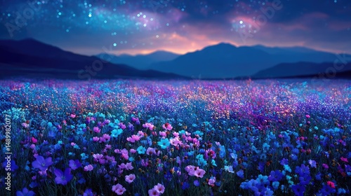 Blooming flowers in meadow across glowing vibrant paradise concept. A vibrant field of flowers under a twilight sky and mountains.