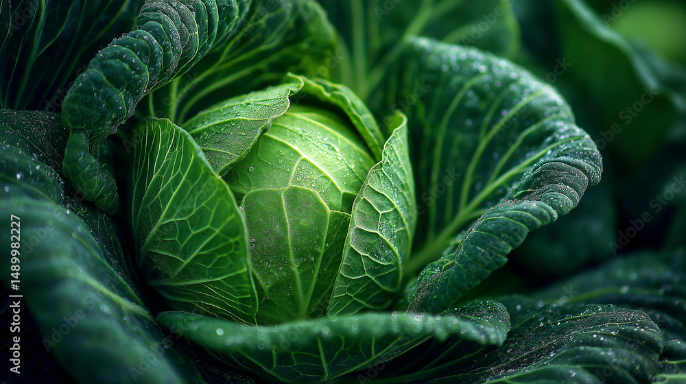Obraz premium Cabbage (brassica oleracea) covered in dew