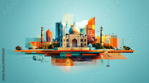 Taj Mahal Modern Collage: A vibrant, modern collage features the iconic Taj Mahal alongside contemporary architecture, creating a striking juxtaposition of old and new.