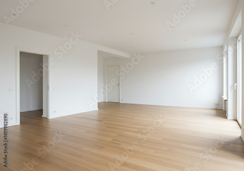 A spacious and modern empty living room with white walls