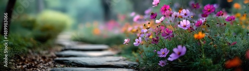 Blooming flowers in meadow through dreamy gardens and paradise concept. Colorful flowers lining a tranquil stone pathway in a serene garden.
