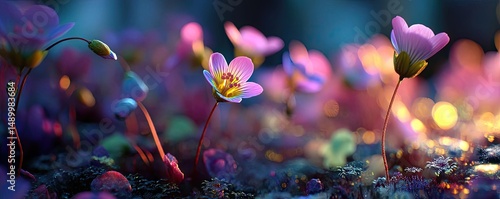 Blooming flowers in meadow across glowing vibrant paradise concept. Vibrant blooming flowers in a beautiful, colorful setting.
