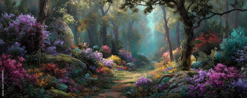 Blooming flowers in meadow through dreamy gardens and paradise concept. Lush forest pathway with vibrant flowers and serene natural light. Blooming flowers in meadow through dreamy gardens and paradise concept. Lush forest pathway with vibrant flowers and serene natural light.