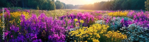 Blooming flowers in meadow with paradise feel and dreamy concept. Vibrant wildflower field under a sunny sky at golden hour.