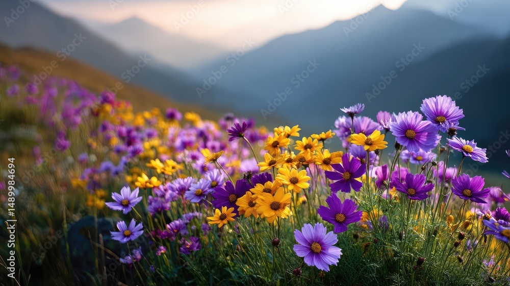 Obraz premium Blooming flowers in meadow across glowing vibrant paradise concept. Vibrant wildflowers bloom in a picturesque mountain landscape.