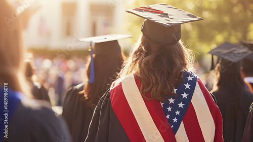 Graduates at commencement ceremony wearing academic regalia and one with a patriotic stole. Blurred background with building.