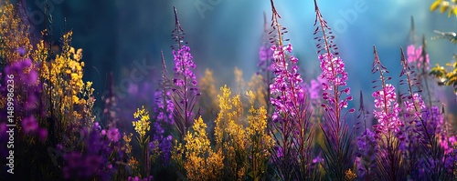 Blooming flowers in meadow through dreamy gardens and paradise concept. A vibrant display of blooming purple and yellow flowers in nature.