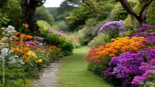Blooming flowers in meadow through dreamy gardens and paradise concept. Vibrant garden pathway lined with colorful blooming flowers.