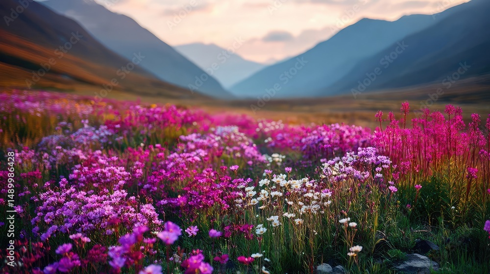 Fototapeta premium Blooming flowers in meadow through dreamy gardens and paradise concept. Vibrant wildflowers bloom in a scenic mountain valley at sunset.