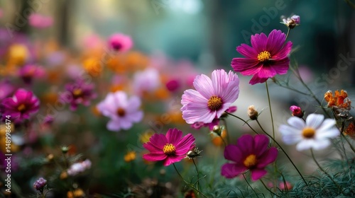 Blooming flowers in meadow with paradise feel and dreamy concept. A vibrant bouquet of blooming flowers in natural sunlight.