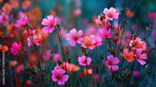 Blooming flowers in meadow with paradise feel and dreamy concept. A vibrant display of blooming pink flowers in a lush garden.