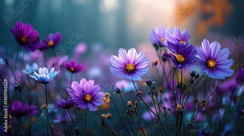 Blooming flowers in meadow with paradise feel and dreamy concept. Colorful flowers blooming in a serene forest setting.