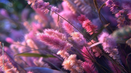 Blooming flowers in meadow across glowing vibrant paradise concept. Vibrant purple and pink flowers create a dreamy garden atmosphere.