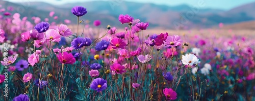 Blooming flowers in meadow across glowing vibrant paradise concept. Vibrant field of blooming wildflowers in shades of purple and pink.
