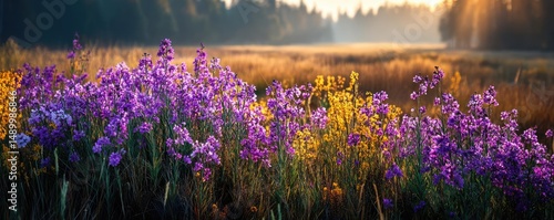 Blooming flowers in meadow across glowing vibrant paradise concept. A vibrant field of wildflowers in soft evening light.