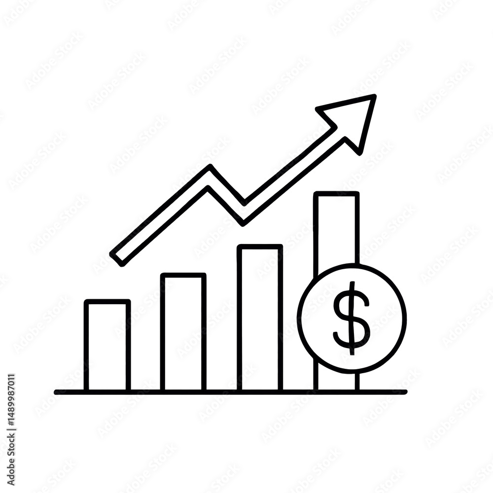 PNG cut out isolated background. A simple black line art icon showing a rising bar chart with an upward arrow and a dollar sign, representing financial growth, revenue increase, and economic success.
PNG cut out isolated background. A simple black line art icon showing a rising bar chart with an upward arrow and a dollar sign, representing financial growth, revenue increase, and economic success.
