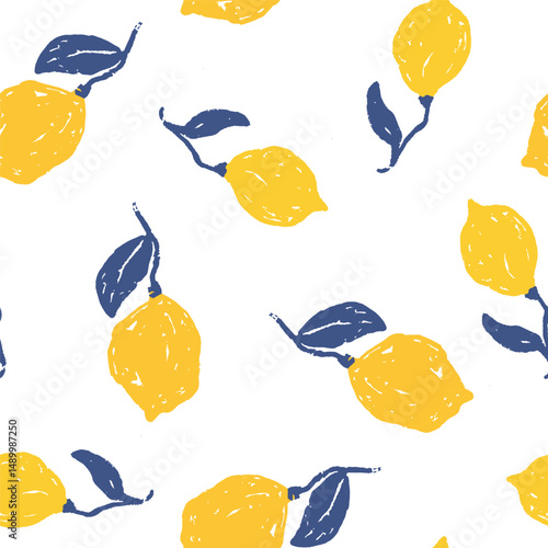 Lemon vector background. Cute summer pattern. Seamless fabric, textile illustration. Rough hand drawn sketch. Italian spirit