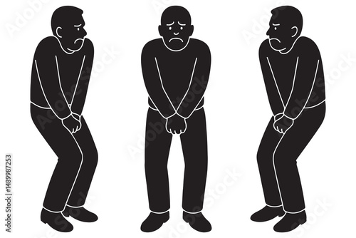 Urgent need to urinate concept illustration of men feeling the urge to go to the restroom quickly silhouette