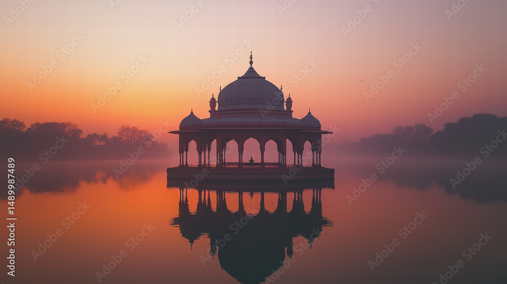 Obraz premium Sunset Reflection: A serene monument, perfectly mirrored in the tranquil water, stands silhouetted against a breathtaking sunset.