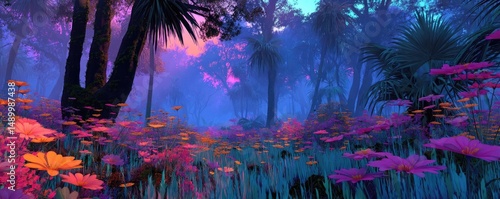 Blooming flowers in meadow across glowing vibrant paradise concept. A vibrant forest filled with colorful flowers and lush greenery.