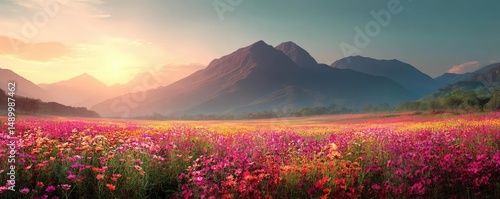 Blooming flowers in meadow across glowing vibrant paradise concept. Vibrant flower field under a sunset with majestic mountains.