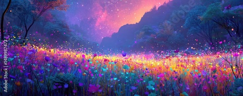 Blooming flowers in meadow across glowing vibrant paradise concept. A vibrant field of colorful flowers under a twilight sky.