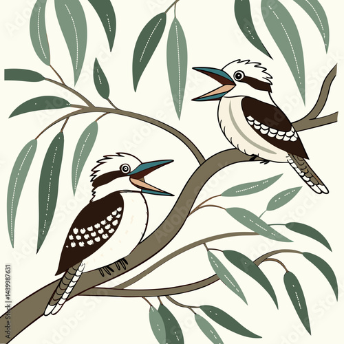 Vector illustration of two laughing kookaburras perched on a gum tree branch, perfect for wildlife or Australian-themed designs.