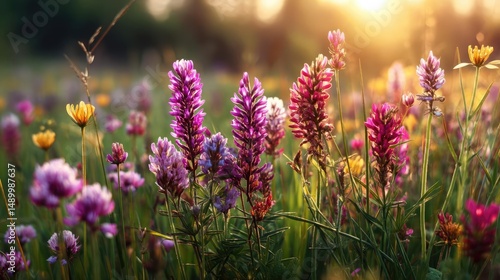 Blooming flowers in meadow with paradise feel and dreamy concept. Vibrant wildflowers blooming in a sunlit meadow during spring.