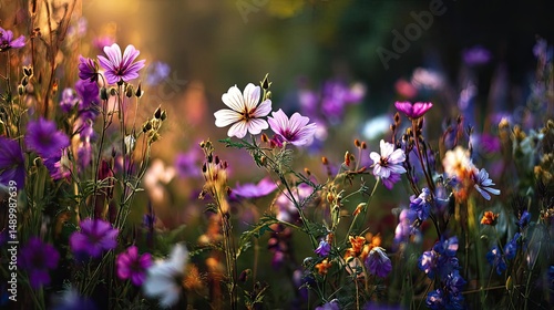 Blooming flowers in meadow with paradise feel and dreamy concept. A vibrant field of wildflowers showcasing nature's beauty.