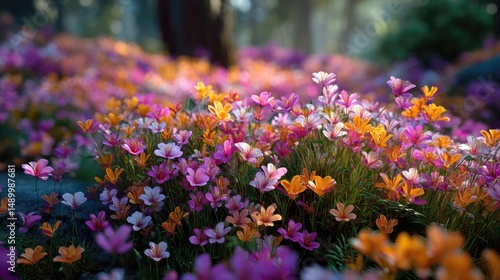 Blooming flowers in meadow with paradise feel and dreamy concept. Vibrant colorful flowers blooming in a serene natural setting.