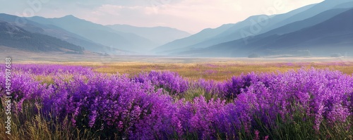 Blooming flowers in meadow through dreamy gardens and paradise concept. Stunning lavender field with mountains in the background.