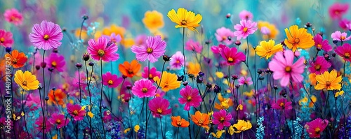 Blooming flowers in meadow with paradise feel and dreamy concept. A vibrant field of colorful flowers in full bloom during spring.
