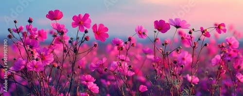 Blooming flowers in meadow with paradise feel and dreamy concept. Vibrant pink flowers blooming in a serene landscape at sunset.