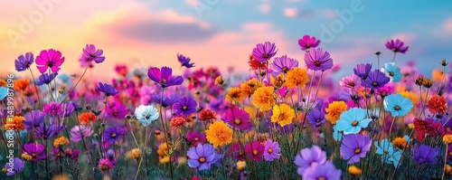 Blooming flowers in meadow with paradise feel and dreamy concept. A stunning field of colorful wildflowers under a vibrant sky.