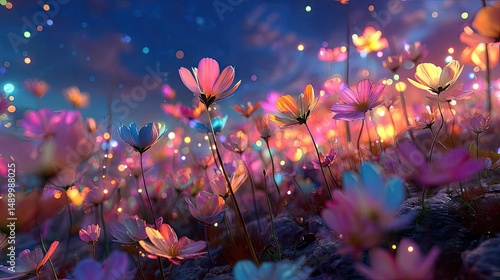 Blooming flowers in meadow with paradise feel and dreamy concept. Vibrant field of colorful flowers illuminated by soft lights.