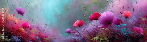 Blooming flowers in meadow through dreamy gardens and paradise concept. A vibrant landscape of colorful flowers in a dreamy setting.