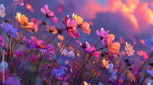 Blooming flowers in meadow with paradise feel and dreamy concept. A vibrant field of blooming flowers under a colorful sky.
