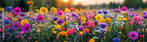 Blooming flowers in meadow with paradise feel and dreamy concept. Vibrant wildflower field at sunset, showcasing nature's beauty.