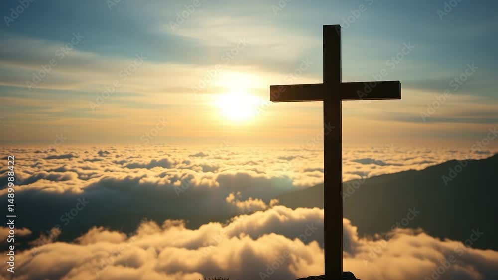 Christian cross in the glow of the sun mountain landscape above the clouds Christian cross in the glow of the sun mountain landscape above the clouds