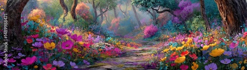 Blooming flowers in meadow through dreamy gardens and paradise concept. Vibrant flower-filled forest pathway under morning light.