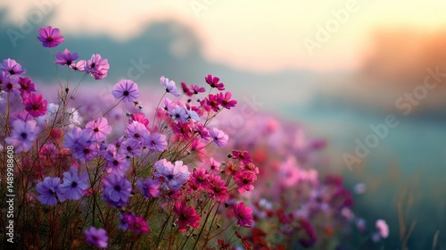 Blooming flowers in meadow across glowing vibrant paradise concept. A vibrant field of blooming flowers at sunrise, showcasing nature's beauty.