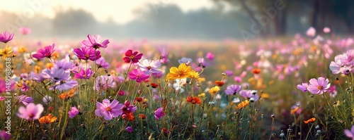 Blooming flowers in meadow across glowing vibrant paradise concept. A vibrant field of blooming wildflowers under soft morning light.