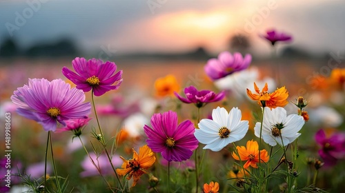 Blooming flowers in meadow across glowing vibrant paradise concept. A vibrant field of colorful wildflowers at sunset.