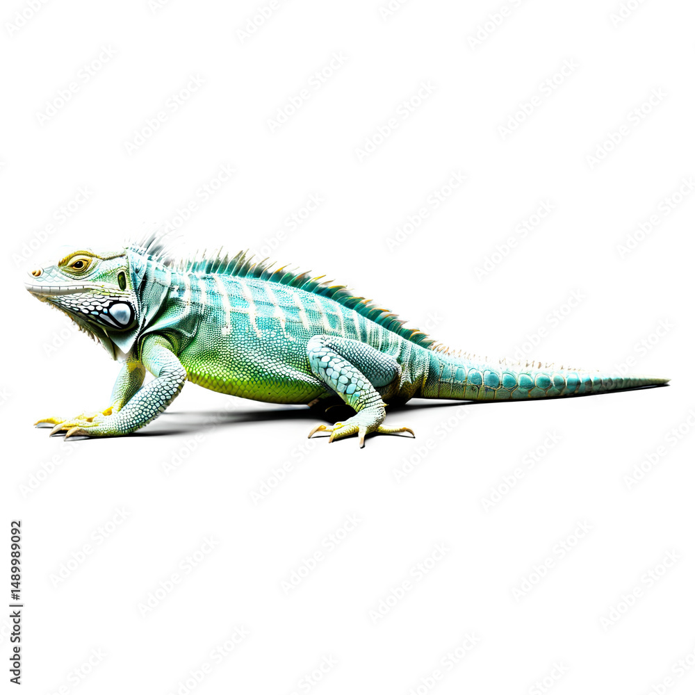 Obraz premium Majestic green iguana posing gracefully on a stark black background with natural light reflection.