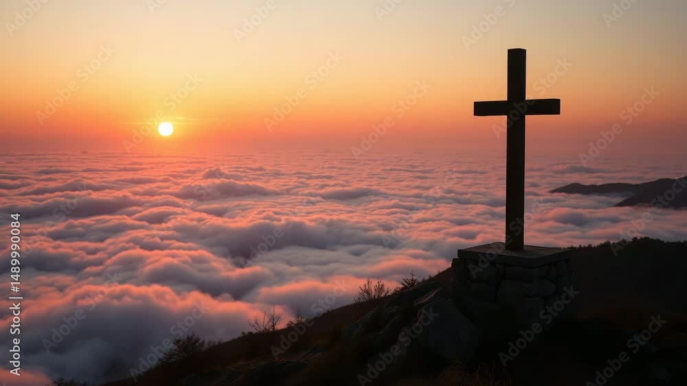 Christian cross in the glow of the sun mountain landscape above the clouds Christian cross in the glow of the sun mountain landscape above the clouds