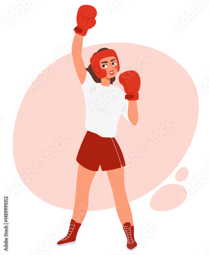 Happy female fighter in boxing gloves and headgear raising her hand in victory. Young woman in sportswear smiling after winning. Flat vector illustration of success, motivation, and martial arts