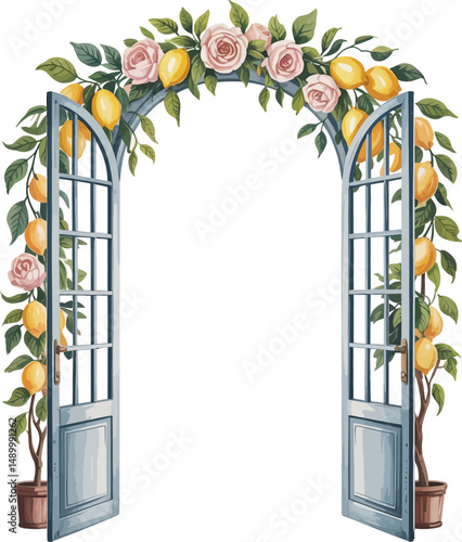 Charming floral arch vector with lemon trees and soft pink roses over an open garden gate. Perfect for wedding invitations, romantic scenes, or spring garden decor.